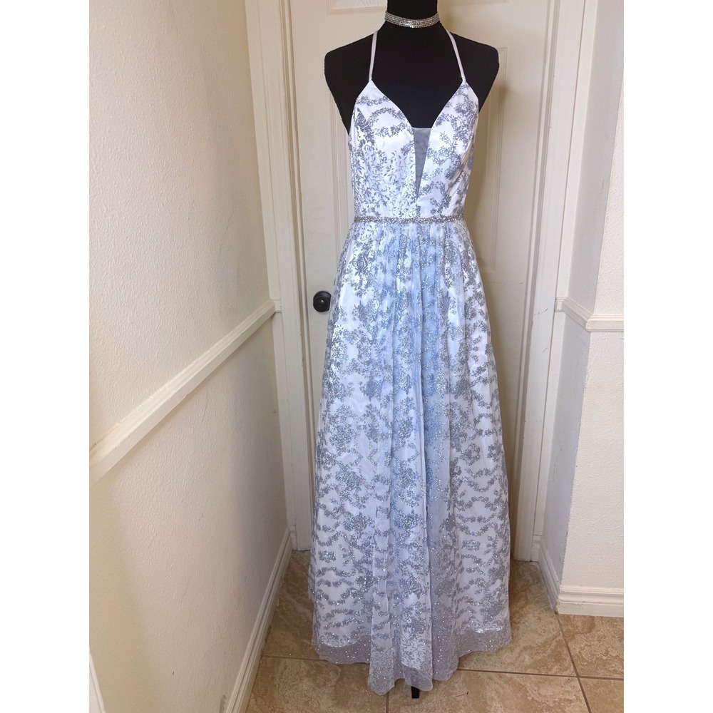 Camille La Vie Prom Dress Womens 0 Ice Blue Silver Glitter Floral Ball Gown Gown
